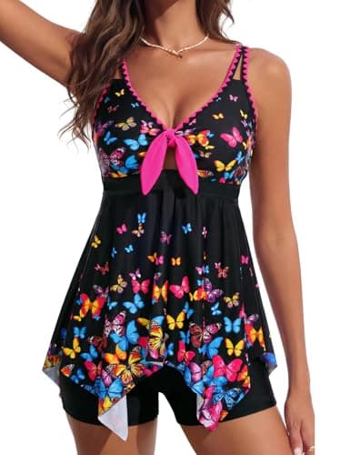 Hanna Nikole Tankini Swimsuits for Women Flowy Tummy Control Bathing Suit Colorful Butterflies S - Image 1