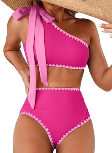 Herseas Women's Hot Pink Bikini Sets 2 Piece One Bow Shoulder Padded Cute Swim Suit Cut Out Back 2026 High Waisted Teen Trim Bathing Suit Flattering Beach Vacation Clothes Small - Image 1