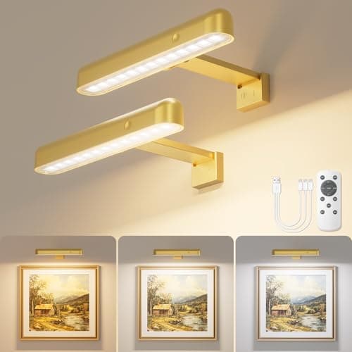 VOLISUN Picture Lights for Wall, Rechargeable Picture Light Battery Operated, 3 Color Temperatures Cordless Picture Light with Remote, Art Lighting for Paintings, Gallery, Portrait, 2 Pack (Gold) - Image 1