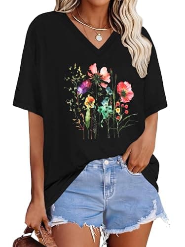 Graphic Tees for Women Vintage Oversized Sunflower Bech Tshirts Short Sleeve V Neck Casual Loose Flowers Vacation Tops,Black Flower,Small - Image 1