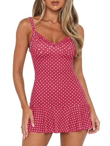 Wenrine Womens Spaghetti Strap Polka Dot Mini Dress Casual Sleeveless V Neck Short Summer Beach Dresses - Image 1