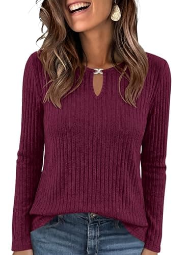 ANRABESS Women's Ribbed Knit Long Sleeve Tops,Burgundy,Large - Image 1