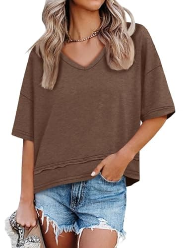 UNCLECAT Womens V Neck T Shirts Summer Trendy Short Sleeve Shirts Loose Casual Tops Tee Brown