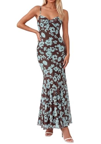 BTFBM Summer Dresses for Women 2026 Spaghetti Straps Sundress Twist Knot Mesh Mermaid Wedding Guest Dress Beach Vacation(Floral Brown Blue, Large) - Image 1