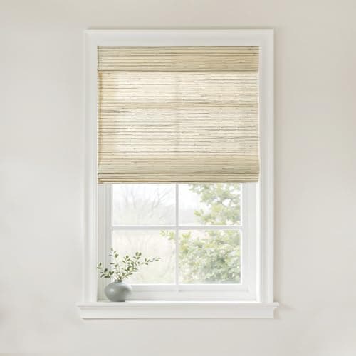 TWOPAGES Woven Bamboo Cordless Roman Shades, Custom No Drill or Motorized Blinds with Remote for Indoor Windows, Beige Brown - Image 1