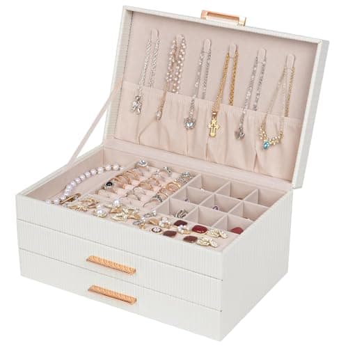 Dajasan Jewelry Box Organizer, 3-Tier Large Jewelry Storage Organizer with 2 Drawers, Space-Saving Jewelry Boxes for Women, PU Leather Surface with Texture, Gift Idea, Modern Style (White) - Image 1