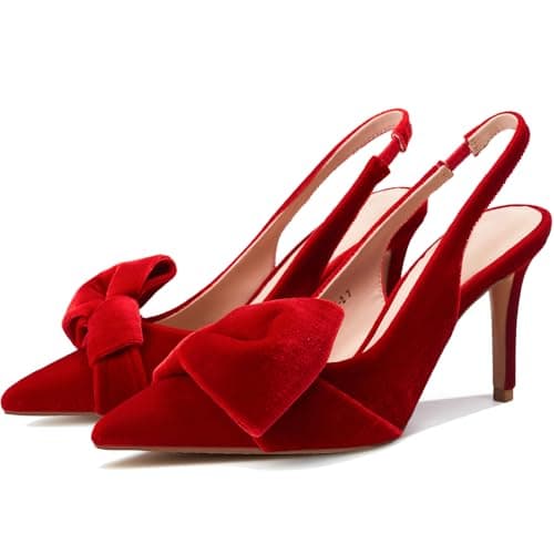 Moloershow Women's Slingback Heels with Bow Pointed Toe Pumps with Elasticated Strap 3.3" High Kitten Heels for Graduation Holiday Shoes Velvet Red Size 9 - Image 1