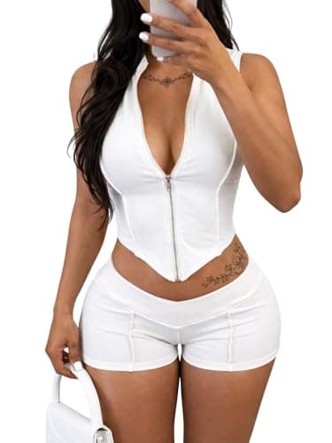 ABKY Sexy Club Outfits for Women Going Out Lapel Zip-Up Crop Tank Top and Skinny Shorts Sets Women 2 Piece Outfit White 2XL - Image 1