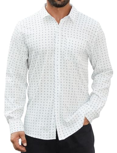 Hardaddy Men's Pattern Long Sleeve Button Down Graphic Printed Business Casual Dress Shirts with Pocket White L - Image 1