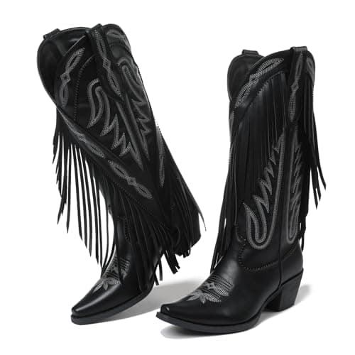 Grakihily Cowgirl Boots for Women Retro Pointed Toe Pull On Block Chunky Heel Embroide Tassel Country Concert Outfits Mid Calf Western Fringe Cowboy Boots,BlackPU Size 7.5 - Image 1