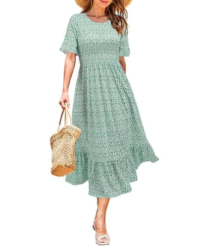 STYLEWORD Women's Summer 2026 Casual Short Sleeve Tiered Flowy Maxi Spring Dress Long Midi Beach Sundress Vacation Hawaiian Outfits(Floral18,S) - Image 1