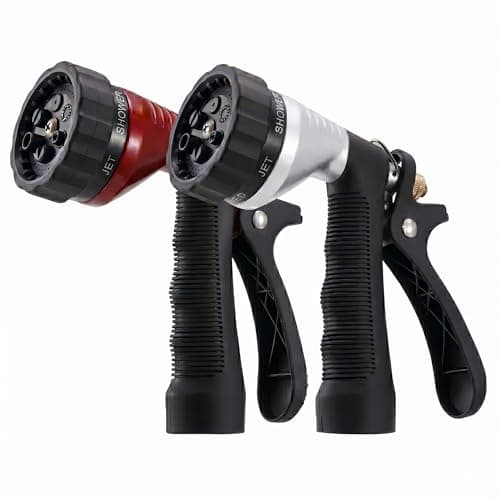 GREEN MOUNT Water Hose Nozzle 2-Pack, Zinc Alloy Garden Spray Nozzle with Adjustable Spray Patterns, Leakproof Rustproof Trigger Lock for Outdoor Cleaning & Car Wash, Silver & Red