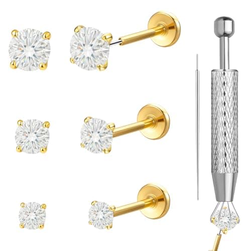hooppoo 6Pcs Threadless Titanium Nose & Lip Studs | 20G Flat Back Push-in Labret Jewelry with 2/2.5/3mm Moissanite for Nostril, Tragus, Helix Piercing (Gold) - Image 1