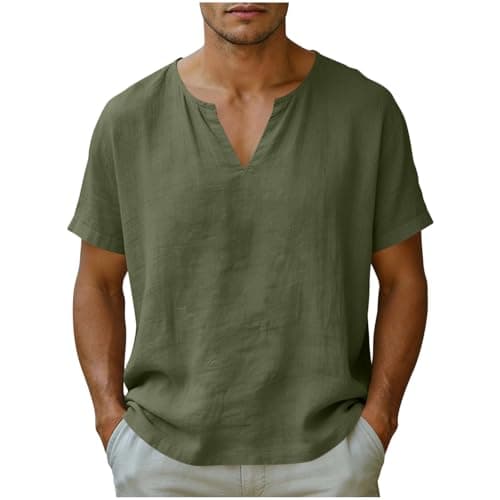 Linen T-Shirts for Men V Neck Short Sleeve Cotton Linen Shirt Loose Fit Beach Clothes Vacation Outfits 2026 Resort Wear Lightweight Tropical Shirts Casual Stylish Summer Clothes Holiday Outfits - Image 1
