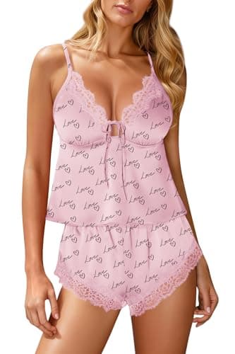 Kolagri Valentine's Day Sexy Satin Pajama Set for Women Lace Lingerie Bow Ties Slip Sleepwear Cami Shorts Set Nightwear - Image 1