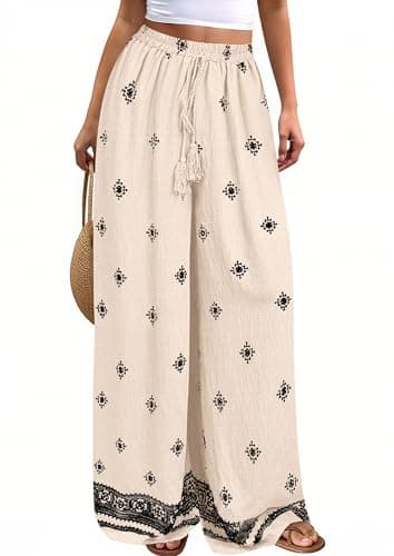 PRETTYGARDEN Women's Wide Leg Palazzo Pants 2026 Summer Boho Floral Trousers Spring Flowy Beach Vacation Clothes Resort Wear (Apricot Black,Large) - Image 1