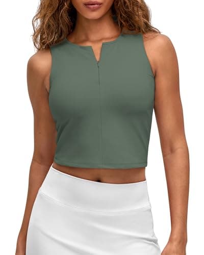 G4Free Women's Athletic Tank Tops with Zipper Workout Fitted Breathable Golf Sleeveless Top (Gray Sage,XS) - Image 1