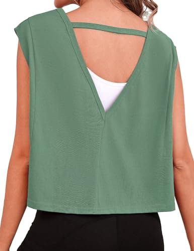Quenteen Women Cropped Open Back Sleeveless Tank Tops Casual Yoga Y2k Athletic Gym Loose Fit Shirts Green L - Image 1