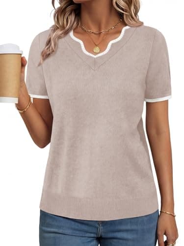GKBK Women Short Sleeve V Neck Sweater Lightweight Pullover Top Fashion Clothing for Business Casual Work Outfits Spring Summer 2026 White-Gray XX-Large - Image 1
