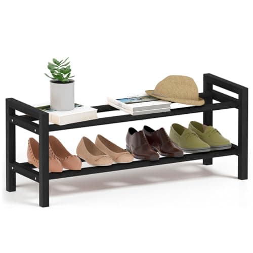 Haddockway Bamboo Shoe Rack for Closet, Free Standing Shoe Organizer with Smooth Round Rods & Convenient Handles, Stackable Shoe Storage Shelf for Entryway, Hallway(Black, 2-Tier) - Image 1