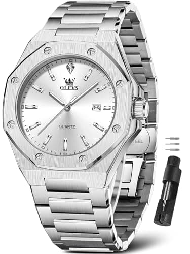 OLEVS Mens Watches,Silver Watches for Men,Mens Silver Watch Stainless Steel Business Dress Wrist Watch for Man Large Dial Relojes para Hombres Waterproof Analog Quartz Casual Wristwatch with Date - Image 1