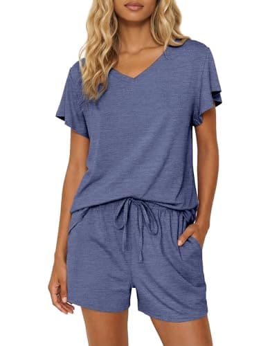 Ekouaer Pajamas Set Women Casual Ruffle Sleeves Soft Comfy Loungewear Set with Pockets,XX-Large,Navy Blue - Image 1
