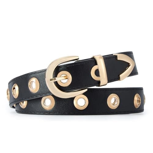 EONTISO Women Studded Leather Belt for Jeans, Punk Gold Grommets, Western Gold Buckle Black M - Image 1