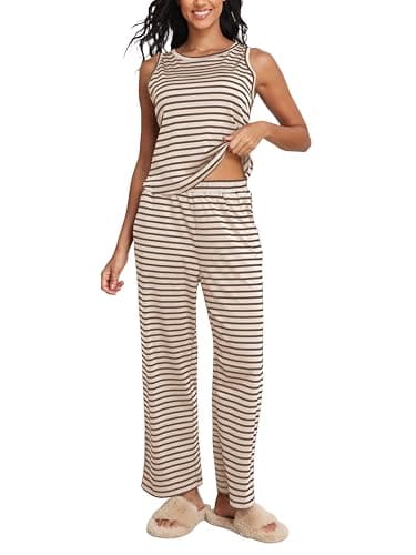 COCOMARTS Womens 2 Piece Lounge Sets Casual Striped Pajama Sets Sleeveless Tank Top and Wide Leg Pants Matching Outfits 2025 Apricot Large - Image 1
