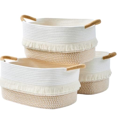 BUBUSUN Woven Baskets, 3-Pack Storage Basket for Living Room, Bedroom, Nursery, Stylish Gift Basket with Handles, Cotton Rope Basket for Toys and Shelves, Multi-Purpose Organizer (White/Brown) - Image 1