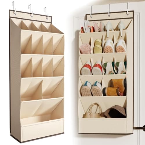 Mefirt Over the Door Shoe Rack for Closet Fit 18+ Pairs, Door Shoe Organizer with Large Breathable Pockets, Hanging Shoes Rack Fit Boots, Behind the Door Shoe Holder for Categorized Storage, Beige 