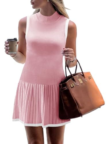 Wenrine Women Sleeveless Pleated Mini Dress Casual Knit Drop Waist Summer Tank Dresses Pink - Image 1