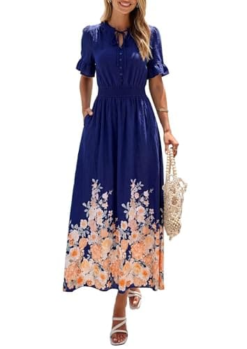 PRETTYGARDEN Women's Boho Floral Maxi Dress Summer 2026 Short Sleeve Tie V Neck Spring Wedding Guest Flowy Beach Sun Dresses (Navy Blue,XX-Large) - Image 1