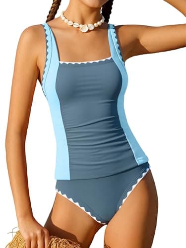GEMLON Girls Summer Swimwear Solid Color Padded Adjustable Strap Swimsuit Ruched Tankini Set 2 Piece Beach Bathing Suit (Multicolor, 15-16 Years - Image 1