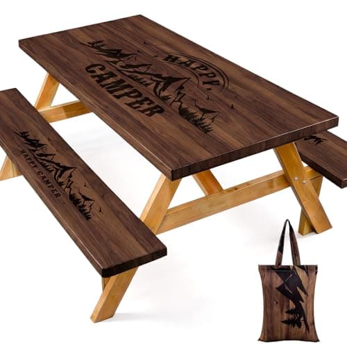 Picnic Table Cover with Bench Covers and Bag, 72in Camping Tablecloth, Waterproof Windproof Elastic Edges Fitted Rectangle Tables RV Gear Campers Must Have(Brown) - Image 1