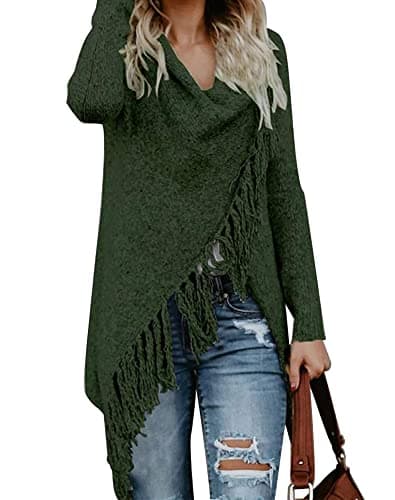 CEASIKERY Women's Tassel Hem Sweater Long Cardigan Knitwer Pullover Poncho Coat Green - Image 1