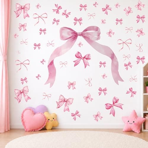 Large Pink Bow Wall Stickers for Girls Room, Cute Bow Wall Decor Stickers for Kids, 4 Roll 72 Piece UV PVC DIY Removable Reusable Stickers for Nursery Bedroom Bathroom - Image 1