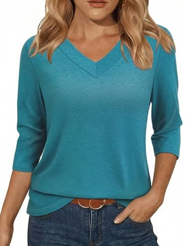 YESTTO Womens Tops 3/4 Sleeve V Neck Tunic Tops Casual Loose Fit Shirts Soft Lightweight Blouses Summer Dressy Basic Tees Cyan - Image 1
