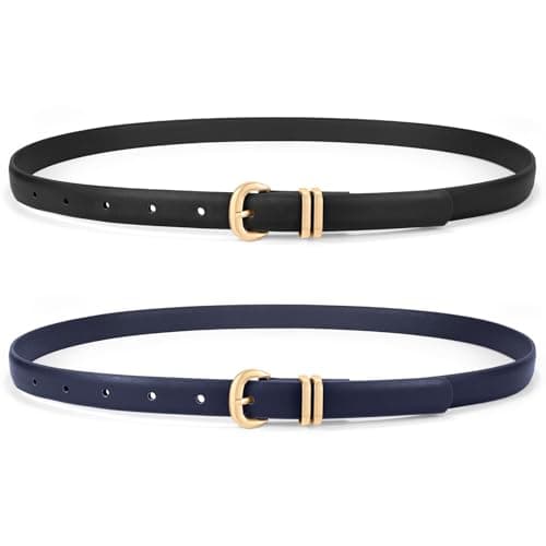 WHIPPY 2 Pack Skinny Leather Belts for Women Thin Ladies Fashion Belt C-Shaped Gold Buckle Black Belt for Jeans Pants Dresses, Black+Navy, XL - Image 1