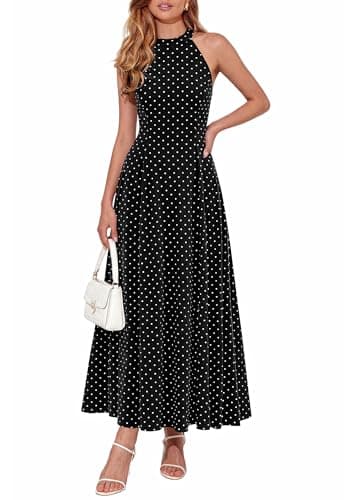 PRETTYGARDEN Summer Halter Dresses for Women 2026 Vacation Outfits Sleeveless Polka Dot Sundress Wedding Guest Maxi Dress(Dot Black White,XX-Large) - Image 1