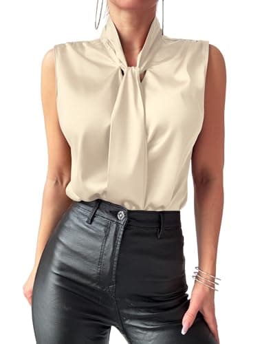 ZAFUL Women's Silk Satin Tank Tops Bow Tie Knot Mock Neck Casual Sleeveless Blouses Summer Basic Tanks Shirt Apricot L - Image 1