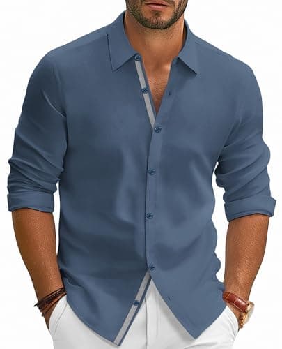 PJ PAUL JONES Mens Long Sleeve Button Down Shirts Wrinkle Free Casual Dress Shirt Lightweight Formal Shirts Denim Blue L - Image 1