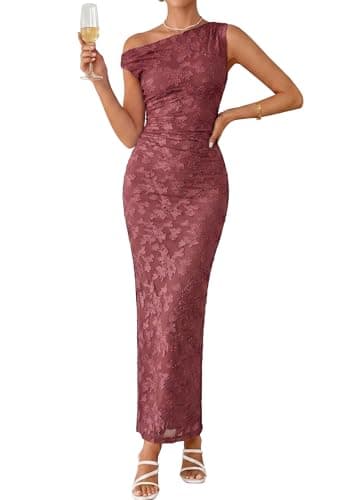 PRETTYGARDEN Womens Floral One Shoulder Maxi Dress 2026 Summer Spring Wedding Guest Formal Bodycon Ruched Cocktail Dresses (Wine Red,Medium) - Image 1