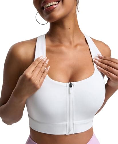 BRXL Front Zip Sports Bra High Impact Adjustable Y Back Sewn in Pads Wide Straps for Running Gym Workout Bras White - Image 1