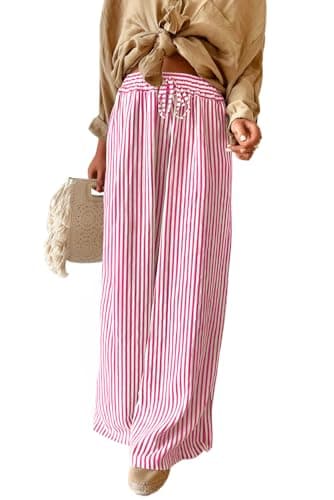 Acelitt Womens Casual Striped Loose Wide Leg Pants Drawstring Elastic High Waisted 2026 Summer Trendy Relaxed Fit Beach Pants Trousers Pink XL