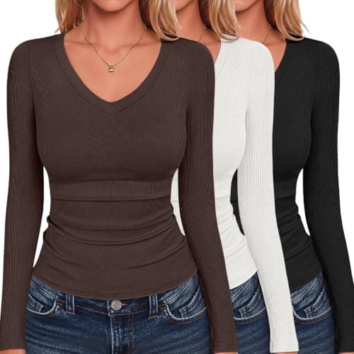 Zeagoo Fall Tops for Women 3 Pack Long Sleeve T-Shirts Ribbed V Neck Basic Shirt Fitted Underscrubs Layer Casual Tees - Image 1