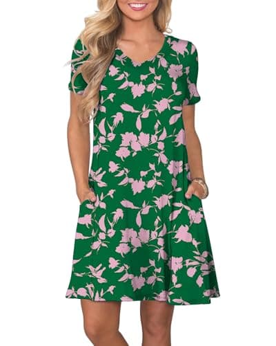 COSSEN Summer Dresses for Women Dark Green Print Large Casual T Shirt Dress V-Neck Short Sleeves Birthday Party Summer Travel Beach Sundress with Pocket - Image 1