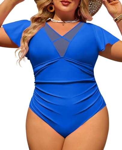 LA PRAJO Womens Plus Size One Piece Swimsuits Tummy Control Bathing Suit Mesh V Neck Full Coverage Swimming Suits 2026 Blue 22 Plus - Image 1