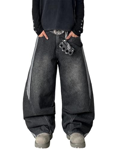 QGRSWBC Mens Jeans Relaxed Fit Y2K Streetwear Wide Leg Denim Pants Irregular Sutures Hip Hop Skater Jean Trousers Black Grey - Image 1