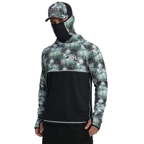 Men's Rash Guard Shirts Sun Protection Fishing Hoodie with Mask Cap Long Sleeve UPF 50+ Hiking Shirt(S) Dark Green - Image 1
