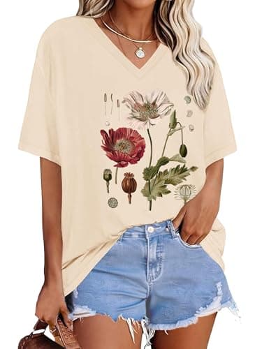 Anbech Oversized Tshirts for Women Graphic Summer V Neck Flowers Vintage Tees Short Sleeve Casual Loose Woens Basic Tops,Apricot Flower,XX-Large